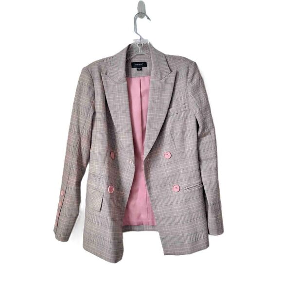 Yiner Plaid Double Breasted Blazer Pink Buttons Notched Lapel Long Sleeves Small - Picture 6 of 9